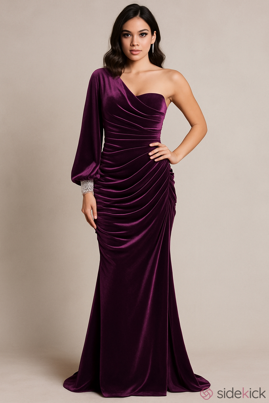 Sophia Thomas One-Shoulder Ruched Velvet Evening Gown in Deep Plum Size 4